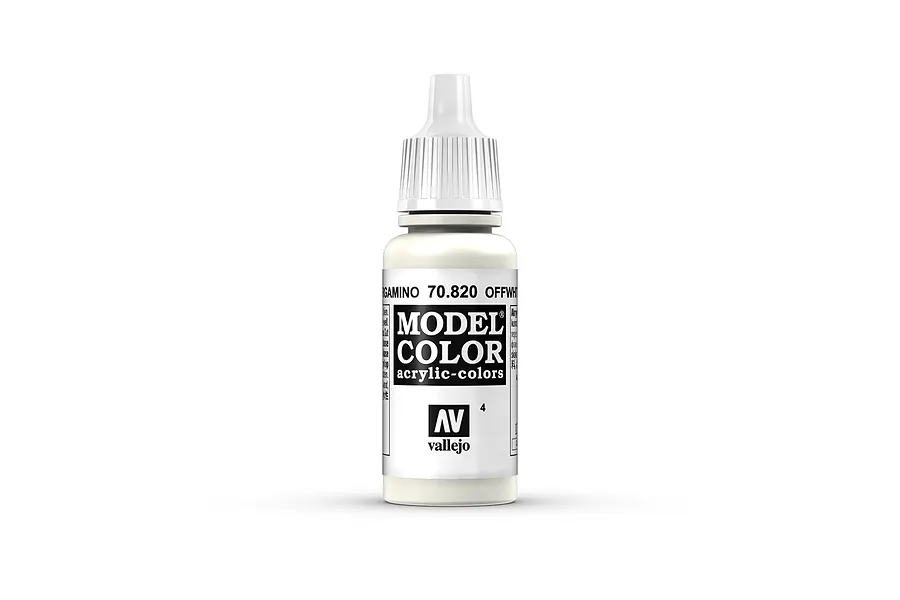 A 17ml bottle of Vallejo Model Color Off White acrylic paint, showing the white plastic dropper bottle with a black and white label.