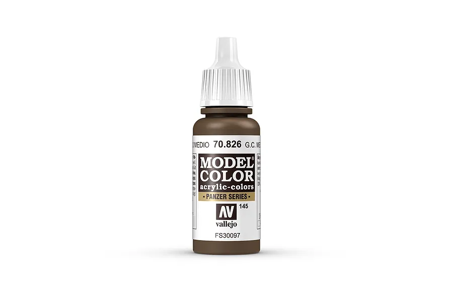 A 17ml bottle of Vallejo Model Color German Camouflage Medium Brown acrylic paint, showing the white cap and label with product details.