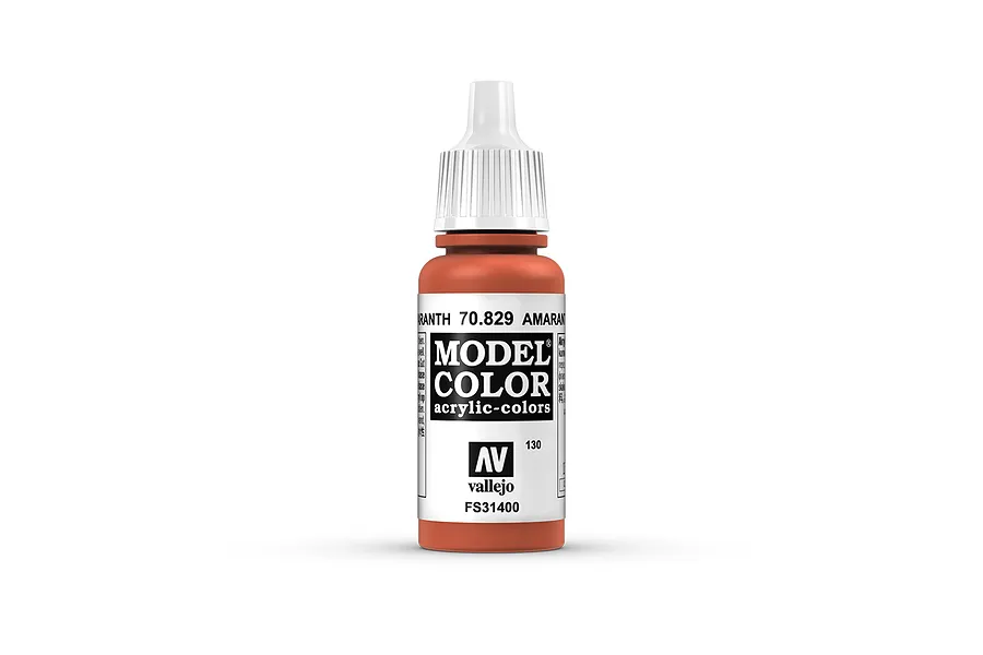 A 17ml bottle of Vallejo Model Color Amaranth Red acrylic paint with a white dropper cap, set against a plain white background.
