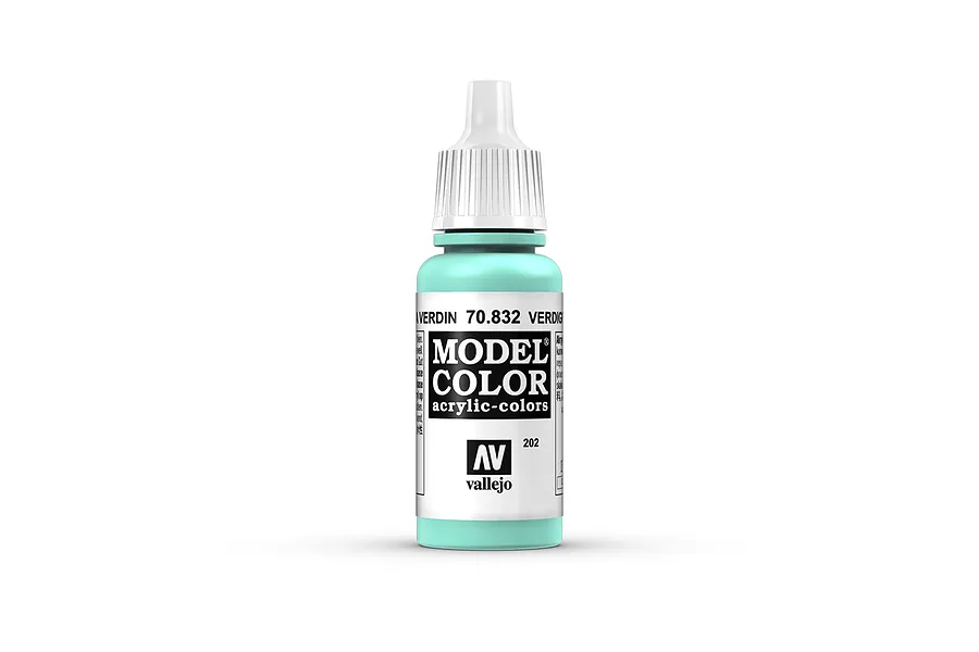 A 17ml bottle of Vallejo Model Color Verdigris acrylic paint, featuring a light turquoise-green color and a white dropper cap.
