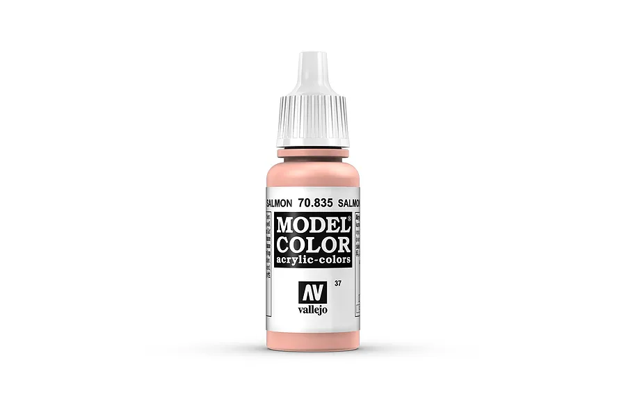 A 17ml bottle of Vallejo Model Color Salmon Rose acrylic paint, featuring a white dropper cap and a label with the product name and code 70.835.