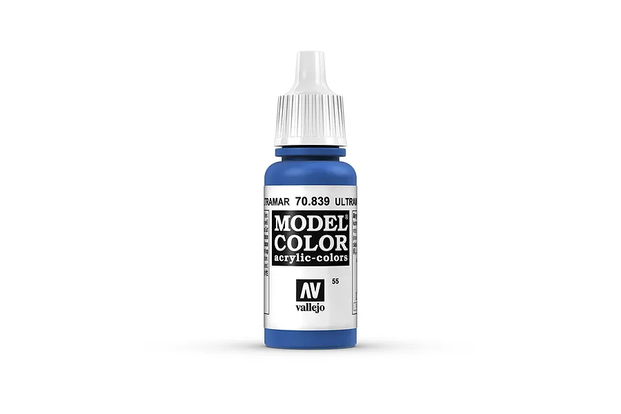 A 17ml bottle of Vallejo Model Color Ultramarine acrylic paint, featuring a blue cap and white label with black text.