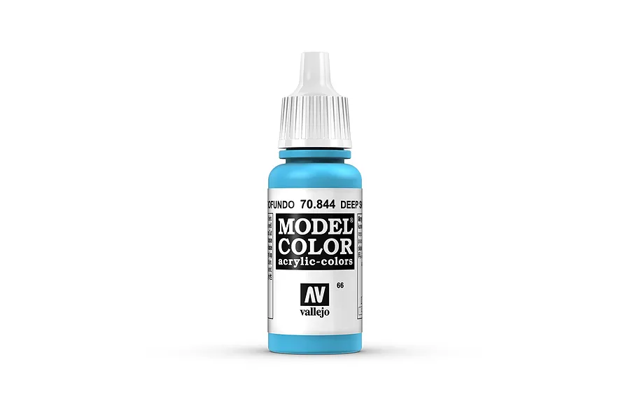 A 17ml bottle of Vallejo Model Color Deep Sky Blue acrylic paint, featuring a white dropper cap and a label with the product name and code 70.844.
