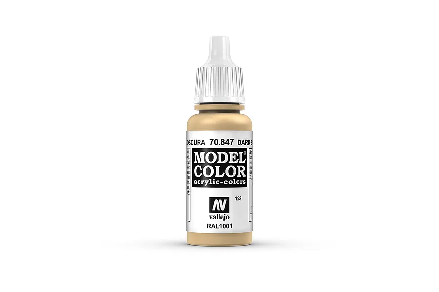 A 17ml bottle of Vallejo Model Color Dark Sand acrylic paint, featuring a white dropper cap and a label with the product name and code 70.847.