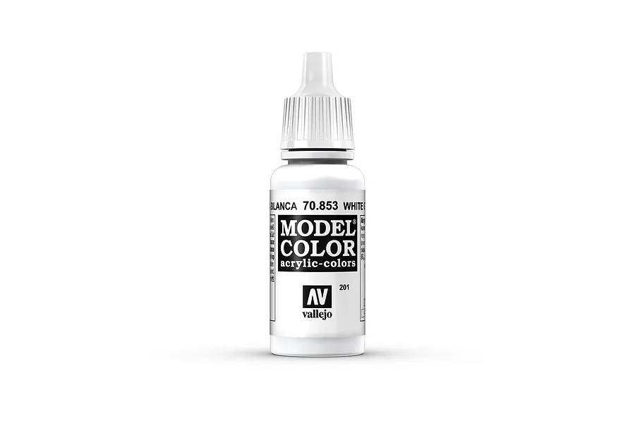 A 17ml bottle of Vallejo Model Color White acrylic paint with a white dropper cap, standing upright against a plain white background.