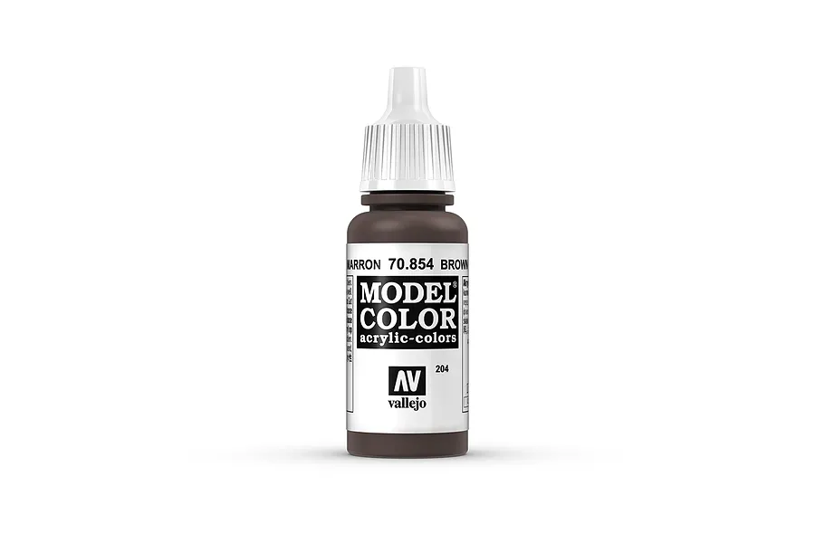 A 17ml bottle of Vallejo Model Color Brown Glaze acrylic paint, featuring a white dropper cap and a label with the product name and code 70.854.