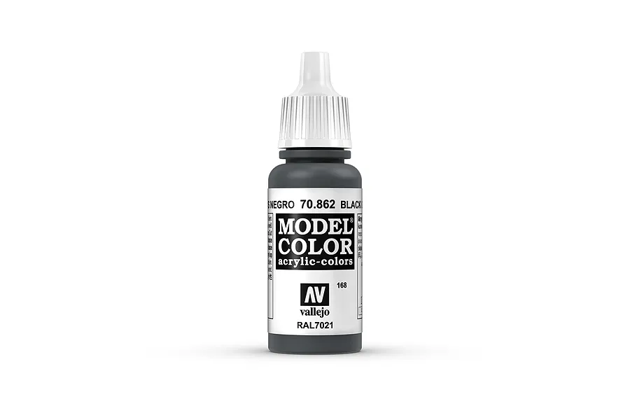 A 17ml bottle of Vallejo Model Color Black Grey acrylic paint, featuring a white dropper cap and a label with the product name and code 70.862.
