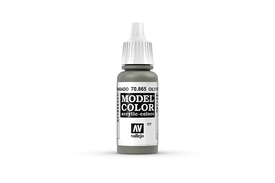 A 17ml bottle of Vallejo Model Color Oily Steel acrylic paint, featuring a white dropper cap and a label with the product name and number 70.865.
