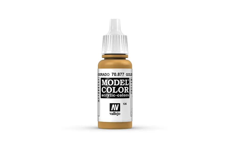 A 17ml bottle of Vallejo Model Color Goldbrown acrylic paint, featuring a white dropper cap and a label with the product name and code 70.877.
