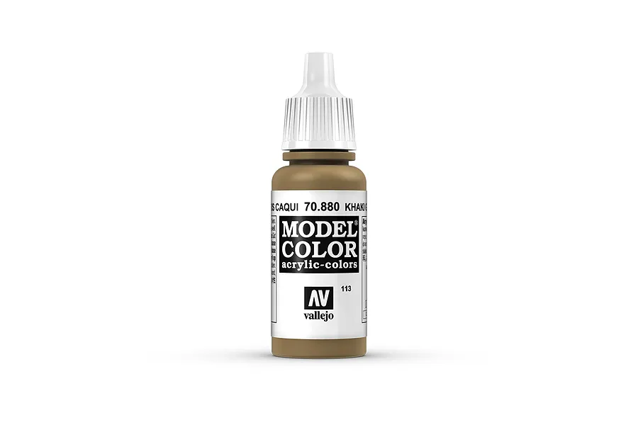 A 17ml bottle of Vallejo Model Color Khaki Grey acrylic paint, featuring a white dropper cap and a label with the product name and code 70.880.
