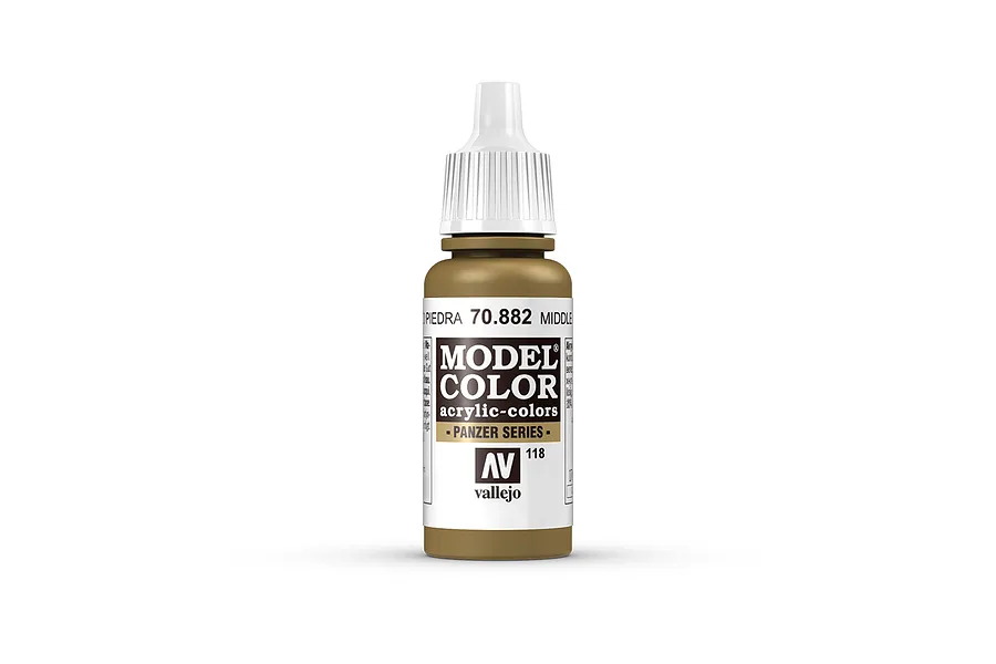 A 17ml bottle of Vallejo Model Color Middlestone acrylic paint, featuring a white dropper cap and a label with the product name and code 70.882.