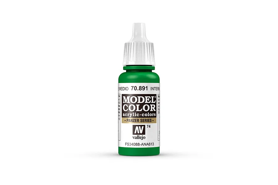 A 17ml bottle of Vallejo Model Color Intermediate Green acrylic paint, showing the brand logo, product name, and color code 70.891 on a white background.