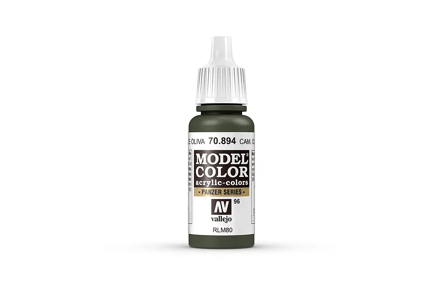 A 17ml bottle of Vallejo Model Color Cam Olive Green acrylic paint, showing the label with the product name, SKU 70.894, and Panzer Series branding.
