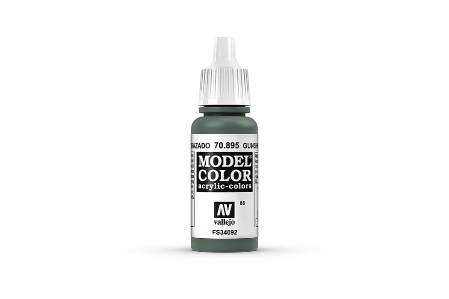A 17ml bottle of Vallejo Model Color Gunship Green acrylic paint, featuring a white dropper cap and a label with the product name and code 70.895.