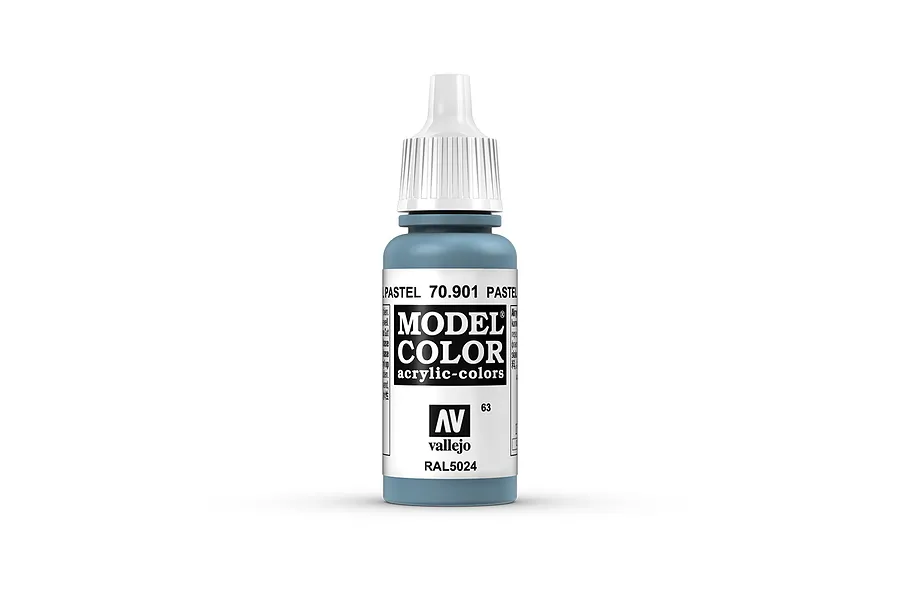 A 17ml bottle of Vallejo Model Color Pastel Blue acrylic paint, featuring a white dropper cap and a label with the product name and RAL5024 code.