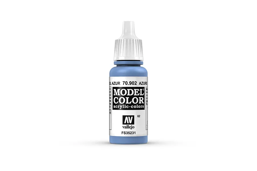 A 17ml bottle of Vallejo Model Color Azure acrylic paint, featuring a white dropper cap and a label with the product name and code 70.902.