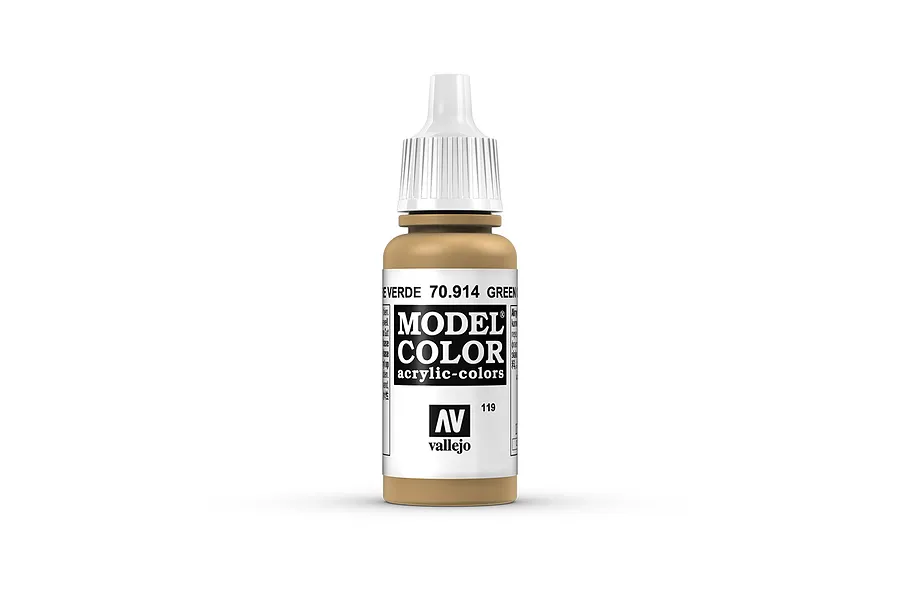 A 17ml bottle of Vallejo Model Color Green Ochre acrylic paint, showing the white cap and label with branding and product number 70.914.