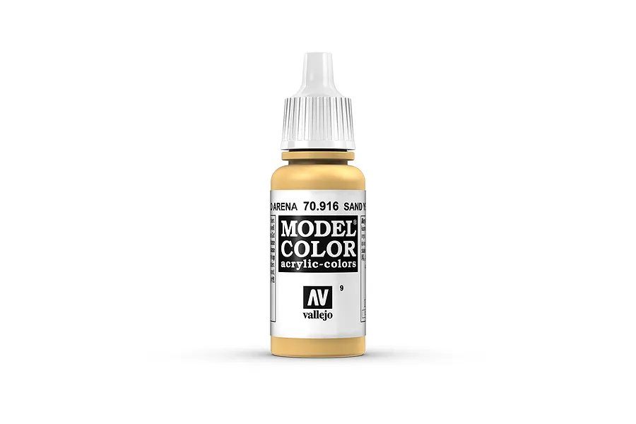 A 17ml bottle of Vallejo Model Color Sand Yellow acrylic paint, featuring a white dropper cap and a label with the product name and code 70.916.