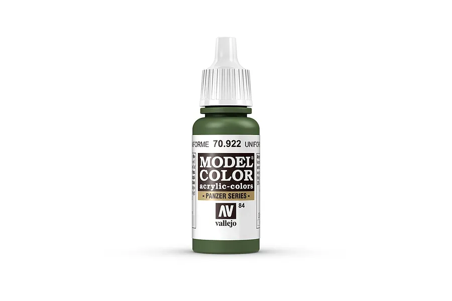 A 17ml bottle of Vallejo Model Color Uniform Green acrylic paint, featuring a white dropper cap and a label with the product name and number 70.922.