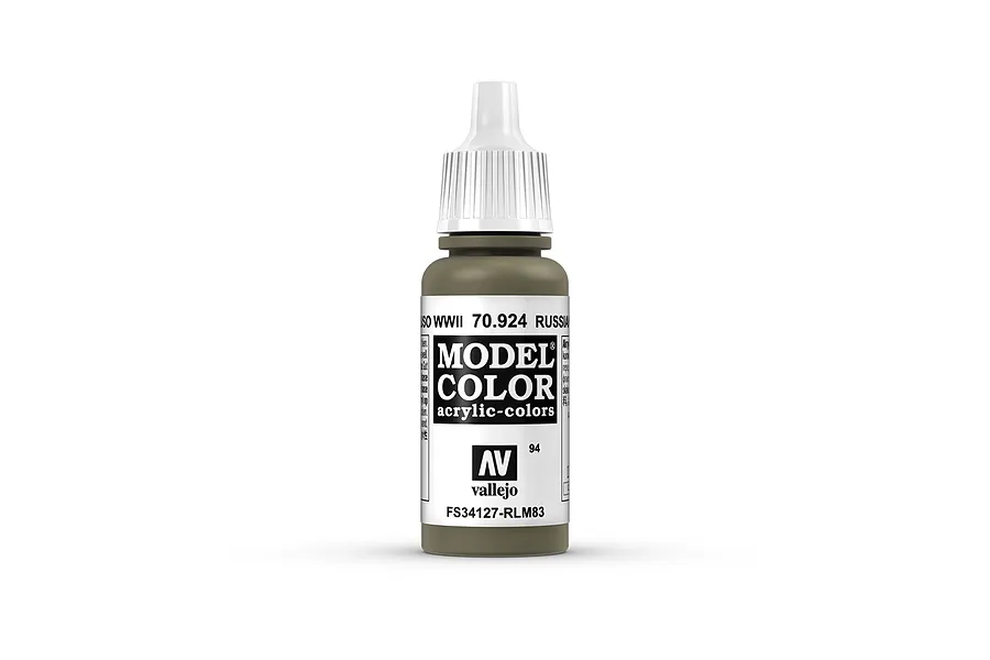 A 17ml bottle of Vallejo Model Color acrylic paint in Russian Uniform WWII (70.924) against a white background.