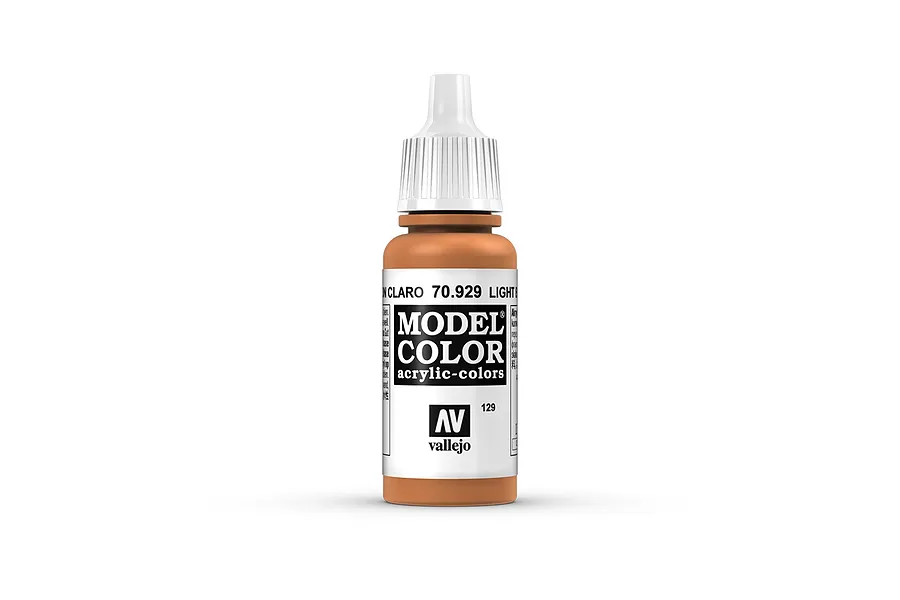A 17ml bottle of Vallejo Model Color Light Brown acrylic paint, featuring a white dropper cap and a label with the product name and code 70.929.