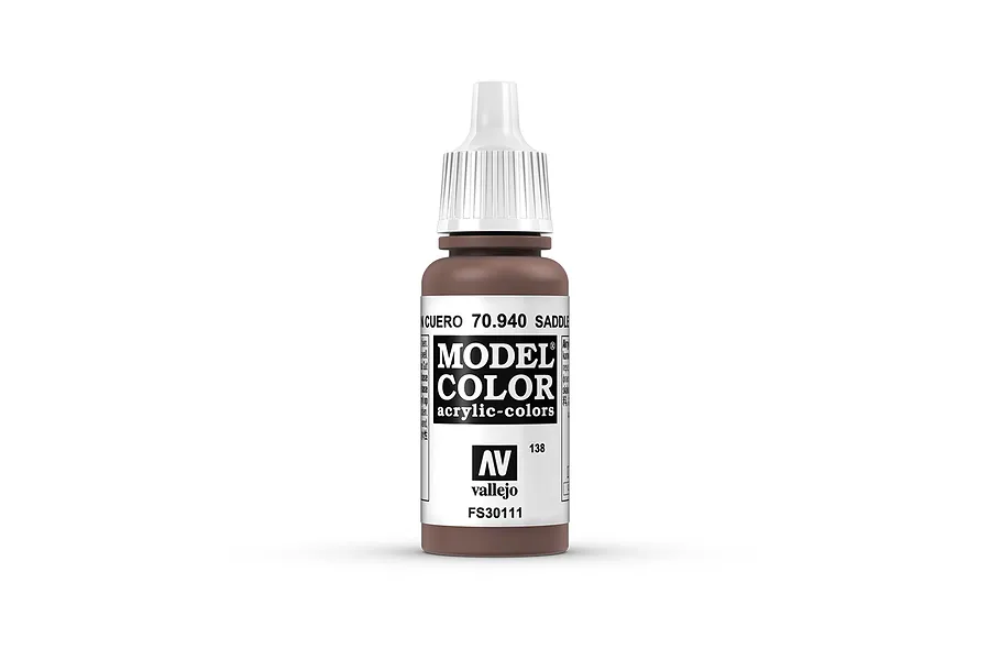 A 17ml bottle of Vallejo Model Color Saddle Brown acrylic paint, featuring a white dropper cap and a label with the product name and code 70.940.