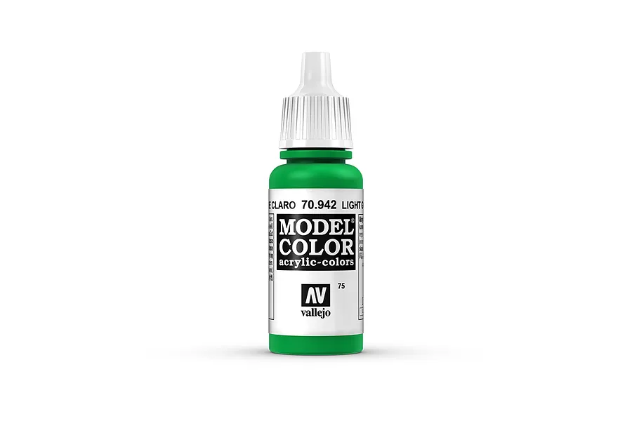 A 17ml bottle of Vallejo Model Color Light Green acrylic paint, featuring a white dropper cap and a label with the product name and code 70.942.
