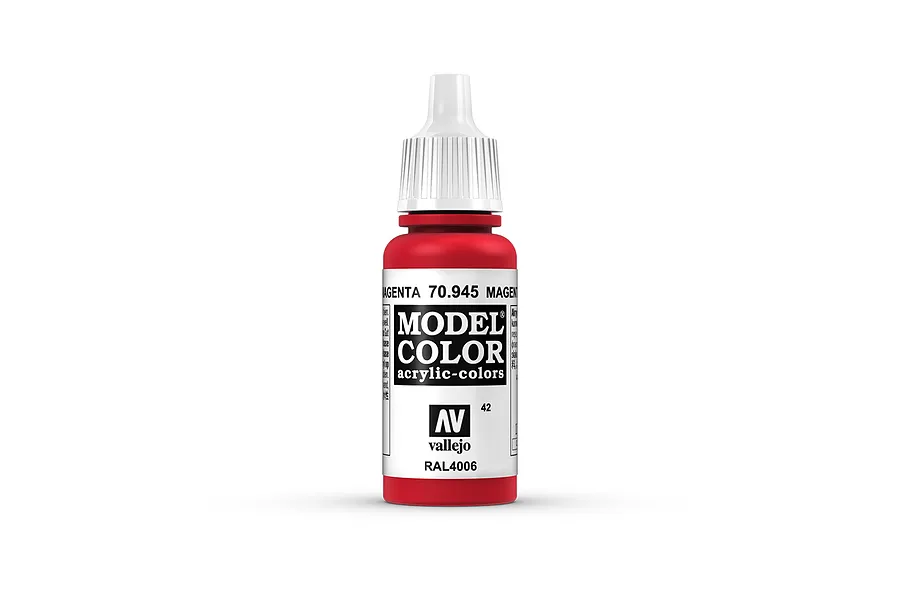 A 17ml bottle of Vallejo Model Color Magenta acrylic paint, featuring a white dropper cap and a label with the product name and code 70.945.