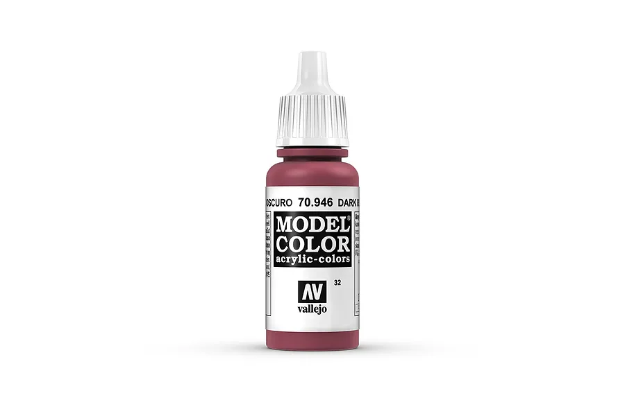 A 17ml bottle of Vallejo Model Color Dark Red acrylic paint with a white dropper cap, centered on a white background.