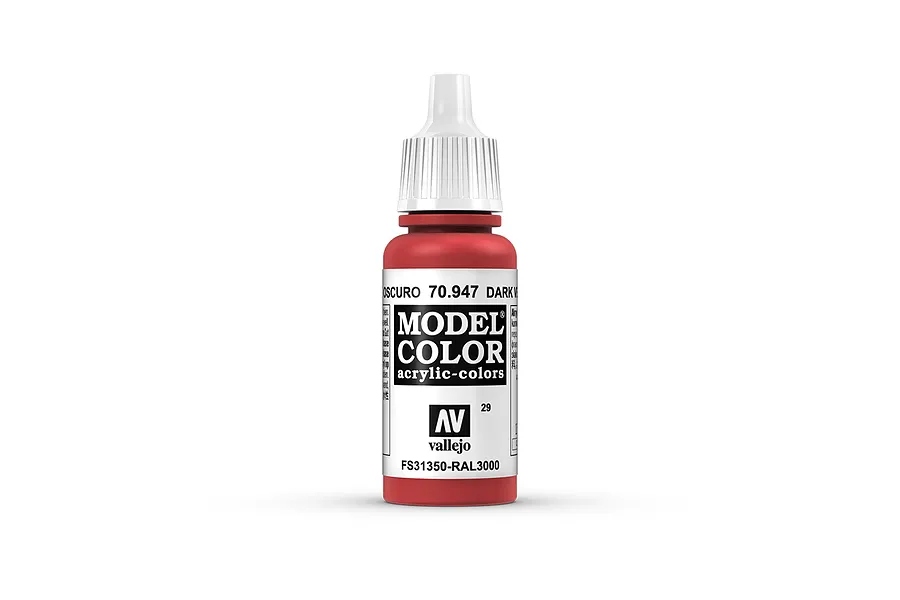 A 17ml bottle of Vallejo Model Color Dark Vermillion acrylic paint, featuring a white dropper cap and a red label with black text.