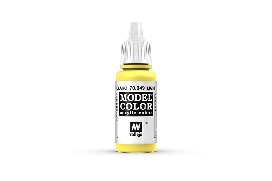 A 17ml bottle of Vallejo Model Color Light Yellow acrylic paint, featuring a white dropper cap and a label with the product name and code 70.949.
