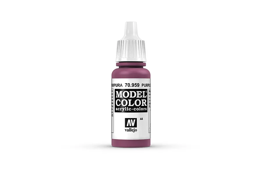 A 17ml bottle of Vallejo Model Color acrylic paint in Purple, featuring a white dropper cap and a label with the product name and code 70.959.