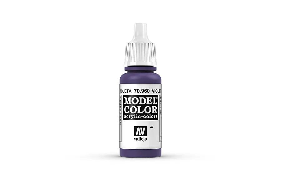A 17ml bottle of Vallejo Model Color Violet acrylic paint, showing the purple bottle with a white dropper cap and label.