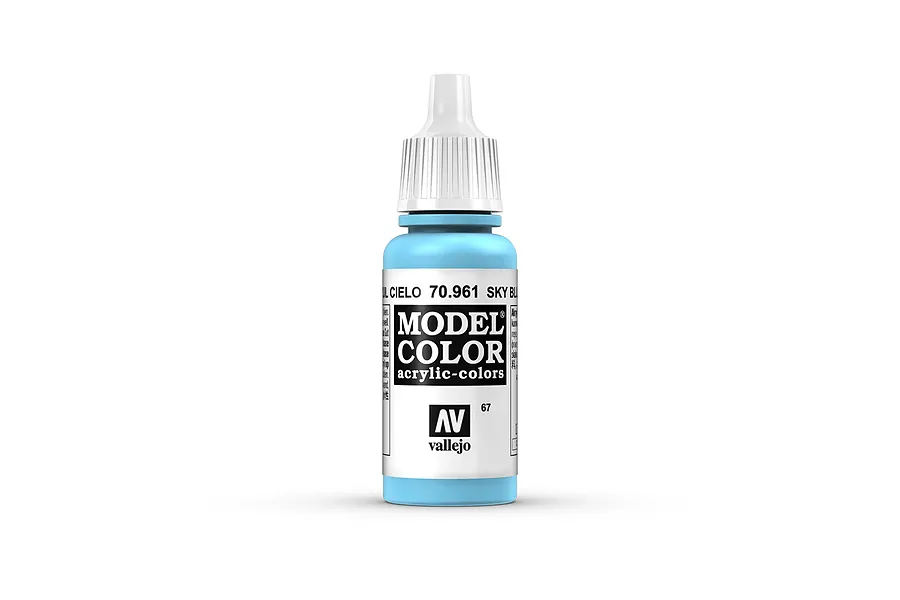 A 17ml bottle of Vallejo Model Color Sky Blue acrylic paint, featuring a white dropper cap and a label with the product name and code 70.961.