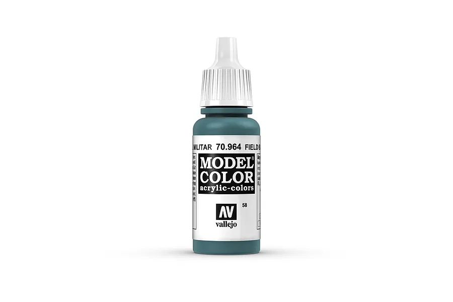 A 17ml bottle of Vallejo Model Color Field Blue acrylic paint, featuring a white dropper cap and a label with the product name and Vallejo branding.