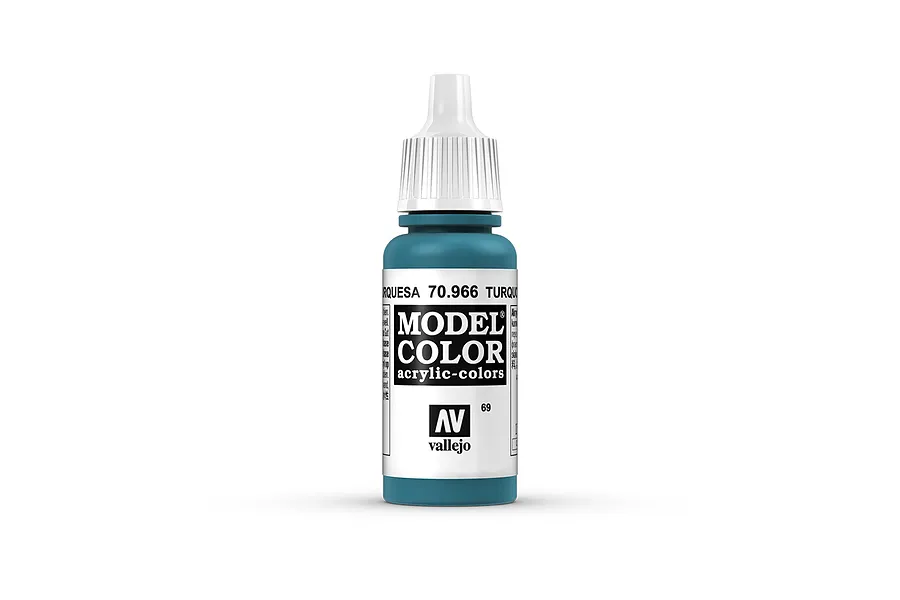 A 17ml bottle of Vallejo Model Color Turquoise acrylic paint, featuring a white dropper cap and a label with the product name and code 70.966.