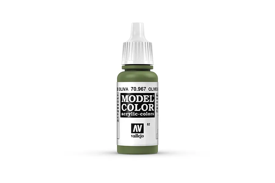 A 17ml bottle of Vallejo Model Color Olive Green acrylic paint, showing the white dropper cap and label with product details.