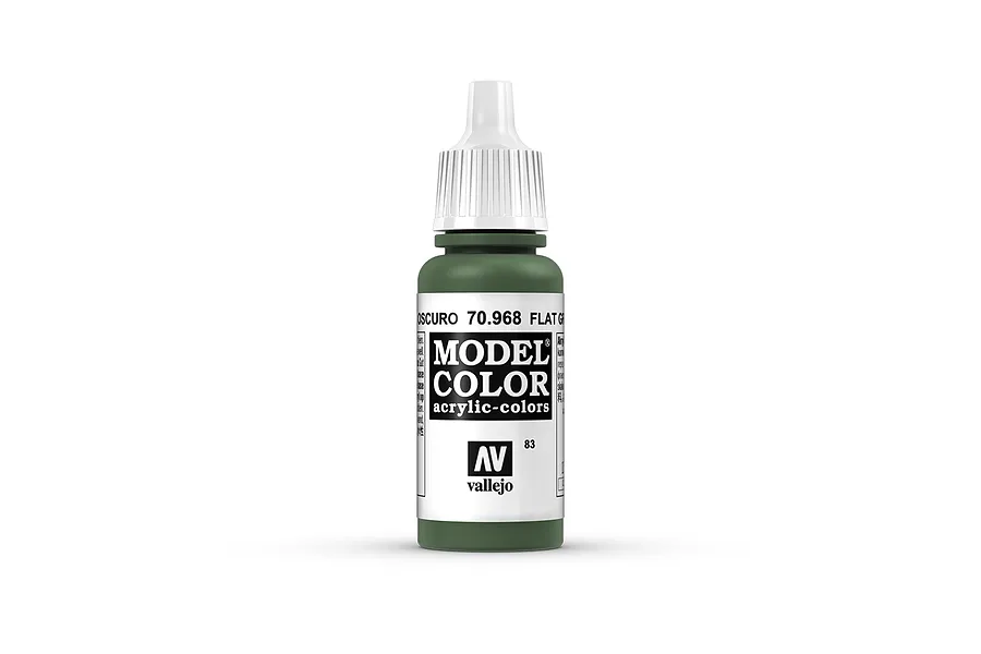 A 17ml bottle of Vallejo Model Color Flat Green acrylic paint, featuring a white dropper cap and a label with the product name and code 70.968.