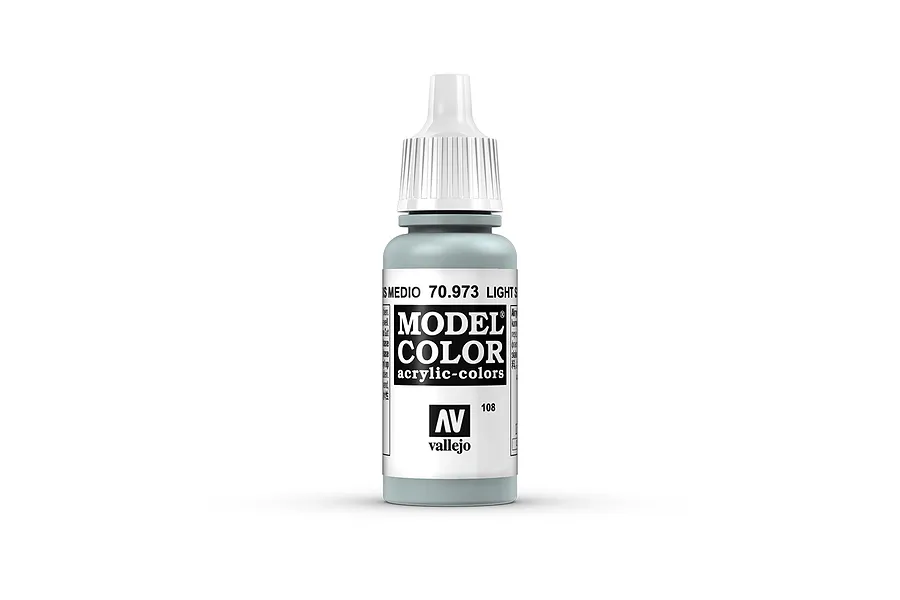 A 17ml bottle of Vallejo Model Color Light Sea Grey acrylic paint, featuring a white dropper cap and a label with the product name and code 70.973.