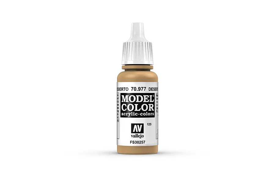 A 17ml bottle of Vallejo Model Color Desert Yellow acrylic paint, featuring a white dropper cap and a label with the product name and code 70.977.