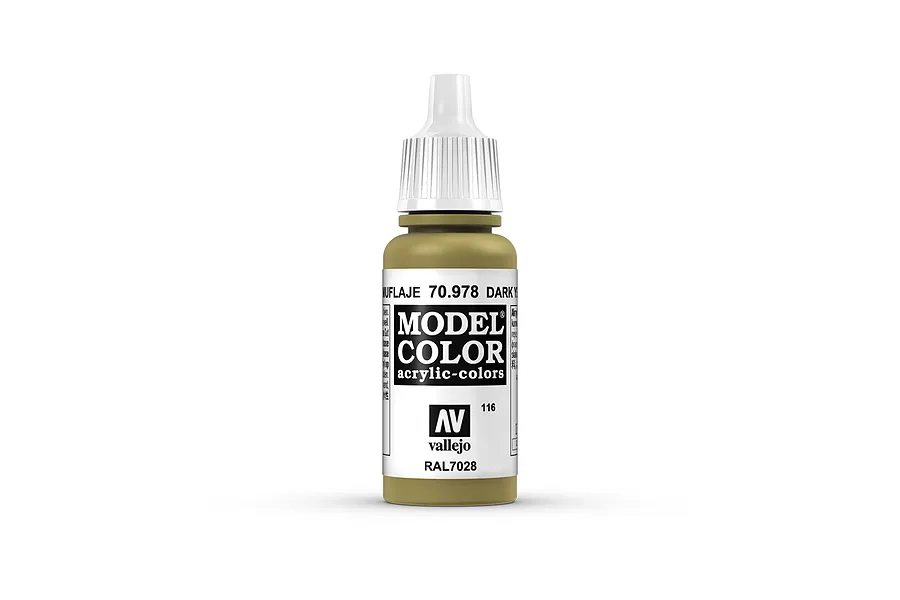 A 17ml bottle of Vallejo Model Color Dark Yellow acrylic paint, featuring a white dropper cap and a label with the product name and code 70.978.