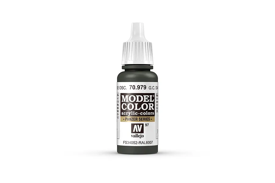 A 17ml bottle of Vallejo Model Color German Camouflage Dark Green acrylic paint, showing the label with product code 70.979.