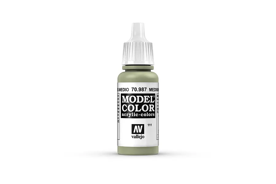 A 17ml bottle of Vallejo Model Color Medium Grey acrylic paint, featuring a white dropper cap and a label with the product name and code 70.987.