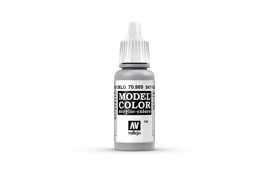 A 17ml bottle of Vallejo Model Color Sky Grey acrylic paint, featuring a white dropper cap and a label with the product name and code 70.989.