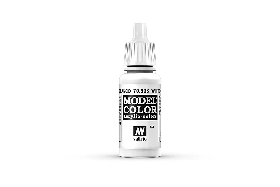A 17ml bottle of Vallejo Model Color White Grey acrylic paint, featuring a white dropper cap and a label with the Vallejo logo.