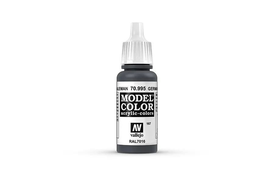 A 17ml bottle of Vallejo Model Color German Grey acrylic paint, featuring a white dropper cap and a label with the product name and RAL7016 code.