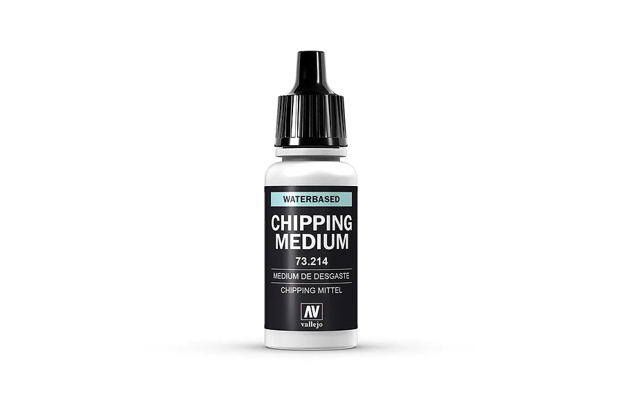 A 17ml bottle of Vallejo Chipping Medium with a black dropper cap and a white label featuring black text and the Vallejo AV logo.