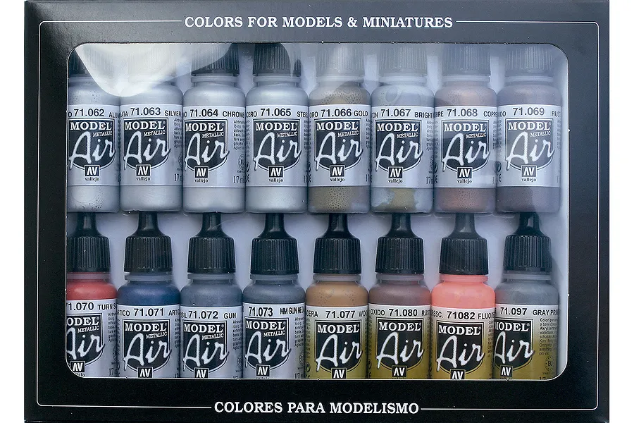 Vallejo Model Air Metallic Effects Colour Acrylic Airbrush Paint Set 16Pcs image 42324