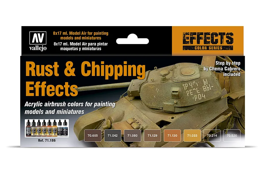 Vallejo Model Air Rust &amp; Chipping Effects paint set packaging featuring a weathered tank model and eight paint bottles.