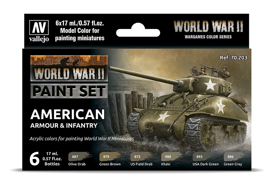 Vallejo Model Colour WWII American Armour &amp;amp; Infantry Acrylic Colour Paint Set 6Pcs image 42445